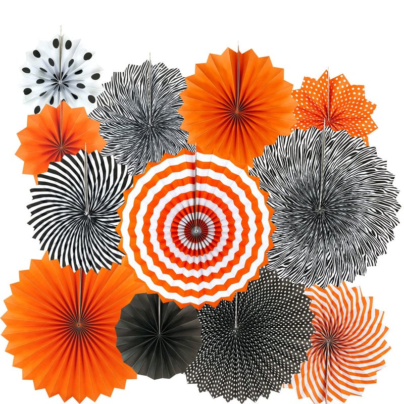 AKIO CRAFT Black Orange Party Hanging Paper Fans Party Ceiling Hangings Halloween Baby Shower Birthday Wedding Party Decorations, 12pc - Image 1